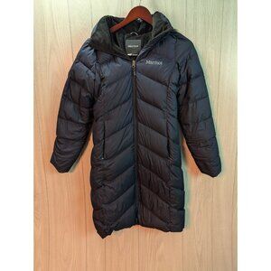 Marmot Down Puffer Coat Womens XS Navy Blue Parka Faux Fur Hood 700 Fill